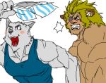  2007 angry anthro blush canid canine canis clothing domestic_dog duo eye_patch eyewear felid kemono lion male mammal muscular muscular_male one_eye_closed pantherine shirt simple_background topwear underwear unknown_artist white_background wink 