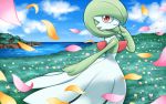  blue_sky brown_eyes closed_mouth cloud cloudy_sky commentary_request creature day feet_out_of_frame gardevoir gen_3_pokemon grass hakuginnosora looking_at_viewer looking_to_the_side no_humans outdoors petals pokemon pokemon_(creature) river sky smile solo standing water wind 