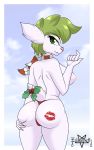  absurd_res anthro breasts butt camel_toe christmas christmas_clothing clothing eyeshadow female fluffy fluffy_tail fur green_eyes green_hair green_makeup hair hand_on_butt hi_res holidays holly_(plant) inviting kiss_mark legendary_pok&eacute;mon lipstick makeup nintendo nipples pattern_clothing pattern_scarf pink_nose plant pok&eacute;mon pok&eacute;mon_(species) rear_view red_thong scarf shaymin side_boob simple_background sky_forme_shaymin solo striped_clothing striped_scarf stripes thong underwear video_games white_body white_fur zelripheth 