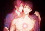  2boys alternate_costume assisted_exposure bangs bare_pecs black_hair blue_eyes collarbone couple free! glowing hair_between_eyes male_focus matsuoka_rin multiple_boys nipples oh_ki_ik open_clothes open_shirt police police_uniform red_eyes red_hair short_hair toned toned_male undressing_another uniform upper_body yamazaki_sousuke 