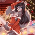  1:1 annvee anthro blue_eyes blush bow_(ribbon) breasts candle canid canine canis christmas christmas_clothing christmas_decorations christmas_present christmas_tree clothed clothing collaboration countershade_face countershade_torso countershading digital_media_(artwork) dress english_text eyelashes female fluffy fluffy_tail footwear fur genitals grey_body grey_countershading grey_fur grey_hair hair hand_on_head hand_on_leg hand_on_thigh hi_res holidays iris_weston legwear long_hair looking_at_viewer mammal nipples no_underwear off_shoulder open_mouth pink_nipples plant portrait pussy red_arm_warmers red_clothing red_dress shaded sitting socks solo tekahika text thigh_highs thigh_socks three-quarter_portrait tree upskirt url white_clothing white_legwear white_thigh_highs white_thigh_socks wolf 