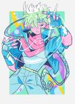  1boy absurdres battle_tendency blue_gloves blue_jacket blue_nails bubble caesar_anthonio_zeppeli collared_jacket covered_navel facial_mark feather_hair_ornament fingerless_gloves gloves gogeyama green_eyes hair_ornament hair_over_one_eye hand_up headband high_collar highres jacket jojo_no_kimyou_na_bouken light_green_hair looking_ahead male_focus nail_polish one_eye_covered pink_scarf pose scarf short_hair solo star-shaped_pupils star_(symbol) symbol-shaped_pupils triangle_print 