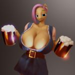  1:1 3d_(artwork) absurd_res alcohol anthro anthrofied beverage big_breasts breasts cleavage clothed clothing cup digital_media_(artwork) equid equine female fluttershy_(mlp) friendship_is_magic hasbro hi_res huge_breasts mammal moreuselesssource my_little_pony solo 