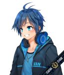  1boy absurdres afba bangs blue_eyes blue_hair blush collarbone commission ears english_commentary english_text eyebrows_visible_through_hair grin hair_between_eyes happy headphones headphones_around_neck highres hood hood_down hoodie jewelry looking_to_the_side necklace open_mouth original short_hair short_sleeves simple_background smile teeth white_background 
