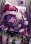  1girl bangs black_gloves blob blue_eyes blue_hair blurry_foreground blush breasts bright_pupils commentary_request curtains doremy_sweet dream_soul dress flower gloves hand_on_own_chin hat head_tilt heart heart-shaped_pupils indoors ishikawa_sparerib large_breasts looking_at_viewer lying nightcap on_bed on_stomach open_mouth polka_dot pom_pom_(clothes) poncho red_headwear short_hair solo symbol-shaped_pupils tail tapir_tail touhou turtleneck white_dress white_pupils window 