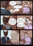  2020 anthro blush canid canine canis chair clothed clothing comic desk dialogue digital_media_(artwork) dobermann domestic_dog dress_shirt duo elijahelegia english_text fox furniture hi_res inner_ear_fluff interview kallistos male mammal narrowed_eyes nervous open_mouth paper pinscher shirt sitting smile speech_bubble suit text thought_bubble topwear tuft window 