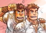  2boys bara blush brown_eyes brown_hair bunta_ru collared_shirt couple forked_eyebrows hand_on_another&#039;s_shoulder kengo_(tokyo_houkago_summoners) male_focus master_3_(tokyo_houkago_summoners) multiple_boys muscular muscular_male one_eye_closed pectorals shirt short_hair sketch smile tearing_up thick_eyebrows tokyo_houkago_summoners upper_body white_shirt 