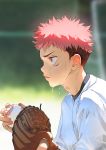  1boy alternate_costume baseball baseball_mitt baseball_uniform beitemian blurry blurry_background brown_eyes brown_hair facial_mark from_side frown highres itadori_yuuji jujutsu_kaisen male_focus pink_hair short_hair solo spiked_hair sportswear sweat undercut upper_body younger 