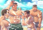  4boys ^_^ abs bara bare_pecs beach blush bulge chest_hair closed_eyes cloud cloudy_sky dark_skin dark_skinned_male facial_hair fundoshi japanese_clothes light_particles looking_at_another male_focus male_swimwear multiple_boys muscular muscular_male navel navel_hair nipples one_eye_closed open_mouth original pectorals plump semi-rimless_eyewear short_hair sky stomach stubble sucking_male_nipple swim_briefs swim_trucks swimwear thick_eyebrows under-rim_eyewear 