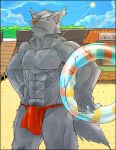  2007 anthro asian_clothing barazoku beach canid canine clothing detailed_background east_asian_clothing fundoshi humanoid_hands japanese_clothing kemono low_res male mammal muscular muscular_anthro muscular_male nipples outside seaside solo underwear unknown_artist 