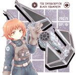  1girl brown_eyes expressionless eyebrows_behind_hair galactic_empire gloves grey_gloves looking_at_viewer nosh orange_hair original pilot_suit science_fiction short_hair space_craft star_wars starfighter tie_interceptor tie_pilot v 