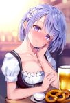  1girl alcohol beer blush breasts cleavage collarbone commentary_request cup eyebrows_visible_through_hair flower flower_knight_girl food hair_flower hair_ornament highres looking_at_viewer pretzel purple_eyes rei_(rei&#039;s_room) smile solo 