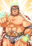  1boy abs bara bare_pecs beard black_mask brown_hair bulge bunta_ru cape cigar ded_(tokyo_houkago_summoners) facial_hair fur-trimmed_cape fur_trim highres looking_at_viewer male_focus muscular muscular_male nipples pectorals pointing pointing_at_viewer red_cape santa_costume short_hair solo stomach thick_thighs thighs tokyo_houkago_summoners wrestling_outfit 