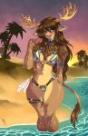  2020 anthro antlers arm_markings beach beads bikini blizzard_entertainment blue_bikini blue_clothing blue_eyes blue_markings blue_swimwear blush bovid bovine breasts brown_body brown_fur brown_hair camel_toe choker clothed clothing digital_media_(artwork) ear_markings facial_markings feathers female fur hair hand_behind_back head_markings hi_res highmountain_tauren horn jewelry legband looking_at_viewer luckypan mammal markings nata_rivermane navel necklace outside palm_tree partially_submerged pendant pink_nose plant pose sand seaside shaded skimpy skimpy_bikini smile solo standing sunset swimwear tattoo tauren thick_thighs tree tribal tribal_markings video_games warcraft water wide_hips 