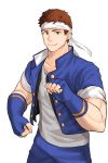  1boy bara blue_gloves brown_hair bulge collarbone collared_jacket cowboy_shot denim fingerless_gloves gloves grey_shirt headband highres jeans male_focus pants shirt short_hair sleeves_rolled_up smile solo the_king_of_fighters toned toned_male white_background yabuki_shingo yeon_(leyonkim) 