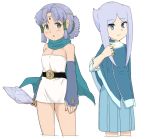  2girls blue_eyes blush breasts circlet closed_mouth dragon_quest dragon_quest_monsters dragon_quest_monsters_plus dress future_card_buddyfight green_eyes hair_tubes looking_at_viewer marumo multiple_girls nyonn24 open_mouth purple_hair scarf short_dress short_hair_with_long_locks short_ponytail silver_hair simple_background sofia_sakharov strapless strapless_dress white_background 