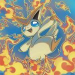  blue_background blue_eyes commentary creature english_commentary fangs full_body gen_5_pokemon looking_at_viewer mythical_pokemon no_humans open_arms pinkgermy pokemon pokemon_(creature) signature simple_background solo victini 