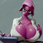 1:1 absurd_res anthro anthrofied big_breasts breasts cheerilee_(mlp) cleavage clothed clothing equid equine eyewear female friendship_is_magic glasses green_eyes hasbro hi_res huge_breasts mammal mature_female moreuselesssource my_little_pony purple_body unbuttoned_shirt 