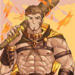  1boy abs bara bare_pecs beard brown_hair cape chain chest_harness club facial_hair fire flaming_eye goatee harness hercules_(tokyo_houkago_summoners) highres leather looking_at_viewer male_focus muscular muscular_male navel nipples over_shoulder pectorals revealing_clothes scar scar_on_chest short_hair solo tokyo_houkago_summoners upper_body veins weapon weapon_over_shoulder yellow_cape yeon_(leyonkim) 