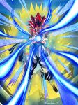  1boy blue_eyes character_name dragon_ball dragon_ball_gt energy_ball english_commentary floating glowing gogeta harutimu highres male_focus muscular open_hands red_hair shaded_face solo super_saiyan super_saiyan_4 v-shaped_eyebrows 