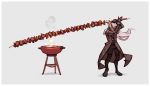  1boy barbecue black_coat black_footwear black_pants boots coat final_fantasy final_fantasy_vii food grey_background highres kebab long_coat long_hair male_focus masamune_(ffvii) mundane_utility nin_nakajima pants sephiroth silver_hair simple_background smoke super_smash_bros. sword very_long_hair weapon 