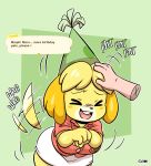  2020 animal_crossing anthro blonde_hair blush canid canine canis clothed clothing dialogue digital_media_(artwork) disembodied_hand domestic_dog english_text eyes_closed female female_focus hair hat head_pat headgear headwear hi_res isabelle_(animal_crossing) joaoppereiraus mammal nintendo open_mouth open_smile party_hat shih_tzu signature smile solo_focus tailwag teeth text toy_dog video_games 