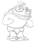 activision anthro armor black_and_white bodily_fluids briefs clothed clothing crash_bandicoot_(series) eyewear fish glasses headgear helmet male marine monochrome nash pants_down partially_clothed shark simple_background sketch solo sweat target teeth_showing thegreatmatsutzu underwear video_games white_background 