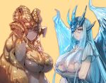  2girls :| arm_under_breasts blonde_hair blue_eyeshadow blue_hair bow_(bhp) breasts closed_mouth colored_skin curled_horns dark_skin dark_skinned_female dragon_girl dragon_wings expressionless eyeshadow facial_mark glaring grey_background grey_skin horns jewelry kulve_taroth large_breasts long_hair looking_at_viewer makeup monster_girl monster_hunter monster_hunter:_world multiple_girls necklace personification pointy_ears red_eyes red_hair see-through_dress shiny shiny_hair simple_background slit_pupils sparkle underboob upper_body velkhana very_long_hair wings yellow_eyes 