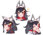  1girl :o animal_ear_fluff animal_ears bangs black_hair black_hoodie brown_eyes closed_eyes closed_mouth commentary cropped_torso eyebrows_visible_through_hair hair_between_eyes hair_ornament hand_up hololive hood hood_down hoodie izumi_sai light_bulb long_hair looking_at_viewer multicolored_hair multiple_views ookami_mio open_mouth red_hair sidelocks simple_background streaked_hair upper_body v-shaped_eyebrows virtual_youtuber white_background white_hoodie wolf_ears yawning 