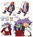  2boys arrow_(symbol) black_hoodie blue_shorts brown_hair buttons clenched_teeth commentary_request dark_skin dark_skinned_male dedenne dreepy dynamax_band facial_hair gen_2_pokemon gen_6_pokemon gen_8_pokemon gloves goomy gym_leader hand_on_hip highres hood hoodie leon_(pokemon) long_hair male_focus multiple_boys orange_headwear pokemon pokemon_(creature) pokemon_(game) pokemon_swsh purple_hair raihan_(pokemon) shigetake_(buroira) shorts single_glove smile sparkle teeth translation_request white_neckwear wooper yellow_eyes 