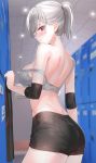  1girl ass back black_shorts blush breasts commentary_request elbow_pads from_side highres holding holding_clothes holding_shirt kfr lips locker locker_room looking_at_viewer medium_breasts original purple_eyes shirt shorts solo sports_bra strap_slip sweat thighs 