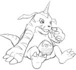  ambiguous_gender black_and_white claws digimon digimon_(species) gabumon monochrome open_mouth simple_background sitting sketch solo spikes teeth_showing thegreatmatsutzu tongue_showing white_background 