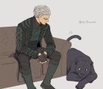  1boy animal asaya_minoru black_footwear black_gloves black_jacket black_panther black_pants black_shirt black_vest boots closed_mouth collared_shirt couch devil_may_cry devil_may_cry_5 fingerless_gloves gloves grey_background grey_hair jacket knee_boots long_sleeves male_focus on_couch open_clothes open_jacket pants shadow_(devil_may_cry_5) shirt simple_background sitting twitter_username vergil vest yellow_eyes 