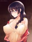  1girl bakemonogatari bangs bare_shoulders blush braid breasts camisole cleavage collarbone covered_nipples dootmoon hanekawa_tsubasa large_breasts long_hair long_sleeves looking_at_viewer monogatari_(series) off_shoulder purple_eyes purple_hair twin_braids 