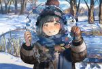  1girl artist_name bangs beanie black_hair black_headwear blue_scarf blunt_bangs blurry blurry_background blush bob_cut brown_coat brown_eyes brown_headwear coat commentary day forest grin hat heart holding ice knit_hat leaf long_sleeves looking_at_viewer mole mole_under_eye nature nose_blush original outdoors playground pom_pom_(clothes) pond sasumata_jirou scarf short_hair signature single_mitten slide smile snow solo swing tree twitter_username water winter winter_clothes 