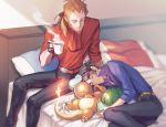  2boys augustine_sycamore belt black_gloves black_pants blue_shirt bulbasaur charmander closed_eyes closed_mouth commentary_request cup fingerless_gloves gen_1_pokemon gloves holding holding_cup indoors kusuribe lying lysandre_(pokemon) male_focus multiple_boys on_bed on_side orange_shirt pants pillow pokemon pokemon_(creature) pokemon_(game) pokemon_xy popped_collar shirt sleeping sleeves_rolled_up squirtle starter_pokemon_trio steam 