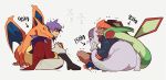  2boys arrow_(symbol) bangs beige_pants black_hoodie boots brown_hair charizard closed_mouth commentary_request dark_skin dark_skinned_male facial_hair flygon gen_1_pokemon gen_3_pokemon gen_6_pokemon goodra gym_leader hood hoodie leon_(pokemon) long_hair male_focus multiple_boys number pokemon pokemon_(creature) pokemon_(game) pokemon_swsh purple_hair raihan_(pokemon) shigetake_(buroira) shorts side_slit side_slit_shorts sitting tailcoat trembling weight yellow_eyes 