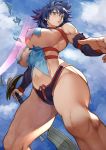  1girl bare_shoulders bastard!! blue_hair blue_sky breasts broken broken_sword broken_weapon cloud cloudy_sky covered_nipples crack green_eyes hair_between_eyes highres holding holding_sword holding_weapon kai_harn medium_hair muscular muscular_female navel open_hand outdoors parted_lips sky slashing solo sweat sword torn torn_clothes turtleneck weapon yoshio_(55level) 