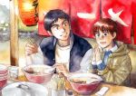  1boy 1girl black_hair blue_eyes bowl brown_eyes casual cup food grin hands_together hood hooded_jacket izumi_noa jacket kidou_keisatsu_patlabor lantern letterman_jacket looking_at_another looking_to_the_side noodles noren paper_lantern pot ramen red_hair restaurant shinohara_asuma short_hair signature sitting smile texture traditional_media ususionorisio watercolor_(medium) winter_clothes 