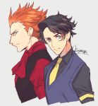  2boys alternate_costume augustine_sycamore black_hair black_shirt closed_mouth commentary_request grey_background grey_eyes kusuribe looking_at_viewer lysandre_(pokemon) male_focus multiple_boys necktie orange_hair pokemon pokemon_(game) pokemon_xy red_shirt shirt short_hair signature simple_background sketch spiked_hair vest yellow_neckwear 
