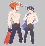  !? 2boys abs arm_behind_back augustine_sycamore black_gloves black_hair black_pants collarbone commentary_request facial_hair fingerless_gloves gloves grey_background heart holding holding_clothes holding_shirt kusuribe looking_at_another lysandre_(pokemon) male_focus multiple_boys navel orange_hair outline pants pokemon pokemon_(game) pokemon_xy shiny shiny_hair shirt shirtless short_hair signature simple_background spiked_hair spoken_heart spoken_interrobang sweatdrop yellow_belt 