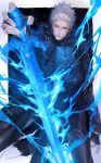 1boy black_coat blue_eyes chongning coat devil_may_cry devil_may_cry_5 fingerless_gloves fingernails gloves glowing glowing_sword glowing_weapon grey_hair hair_slicked_back highres male_focus parted_lips smile solo sword transparent vergil weapon 