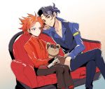  2boys augustine_sycamore black_gloves black_hair black_vest blue_eyes blue_shirt brown_pants closed_mouth collared_shirt commentary_request couch crossed_legs fingerless_gloves gen_6_pokemon gloves kusuribe litleo long_sleeves looking_at_another lysandre_(pokemon) male_focus multiple_boys orange_hair orange_shirt pants pokemon pokemon_(creature) pokemon_(game) pokemon_xy shirt signature sitting spiked_hair suspenders vest younger 
