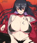  1girl absurdres azur_lane bangs bare_shoulders bikini black_bikini black_choker black_hair black_legwear blush breasts choker cleavage collarbone eyewear_on_head highres huge_breasts implied_sex jacket long_hair long_sleeves multi-strapped_bikini navel one_side_up open_mouth out-of-frame_censoring red_eyes red_jacket solo_focus spread_legs sunglasses sweat swimsuit taihou_(azur_lane) taihou_(enraptured_companion)_(azur_lane) thighhighs thighs yanje 