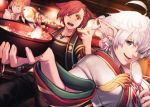  1girl 2boys absurdres alisaie_leveilleur animal_ears bangs blue_eyes blurry blurry_background cat_ears earrings elezen elf facial_mark final_fantasy final_fantasy_xiv fish g&#039;raha_tia goldfish goldfish_scooping hair_over_one_eye highres huge_filesize jewelry long_hair looking_at_viewer mihira_(tainosugatayaki) miqo&#039;te multiple_boys neck_tattoo open_mouth orange_hair pointy_ears red_eyes red_hair short_hair slit_pupils tattoo white_hair 