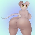  2020 anthro big_breasts big_butt biped breasts brown_body brown_fur butt digital_media_(artwork) female fur gazaster head_tuft hi_res looking_at_viewer looking_back mammal mouse murid murine nude rear_view rhys_(gazaster) rodent short_stack simple_background smile solo standing teeth thick_thighs tuft 