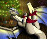  absurd_res anus blue_eyes butt christmas christmas_tree cute_face dragon feet female feral hi_res holidays legs_up multicolored_body paws plant presenting raised_leg scalie solo solo_focus tree western_dragon wings zikeny 