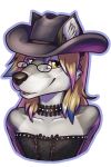  2:3 alpha_channel anthro border canid canine canis choker clothed clothing cowboy_hat crossdressing eyewear genderfluid_pride_colors glasses hair hair_on_shoulders hat headgear headwear hi_res jewelry lgbt_pride lizardbeth male mammal multicolored_hair necklace nekros_(character) pride_colors solo transparent_border wolf 