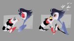  &lt;3 4_ears anthro avian bird blitzo_(vivzmind) blush demon duo eyes_closed grey_background hand_holding helluva_boss hi_res imp male male/male multi_ear owl red_eyes satorrotas simple_background stolas_(vivzmind) tongue tongue_out 
