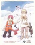  2girls ^_^ bangs bb-8 beige_gloves closed_eyes energy_gun english_commentary eyebrows_visible_through_hair goggles goggles_on_headwear gun holding holding_gun holding_weapon hoth multiple_girls nosh parted_bangs pilot_suit purple_hair rebel_pilot red_scarf scarf short_hair sitting smile snow snowman star_wars star_wars:_the_empire_strikes_back star_wars:_the_force_awakens turret weapon 